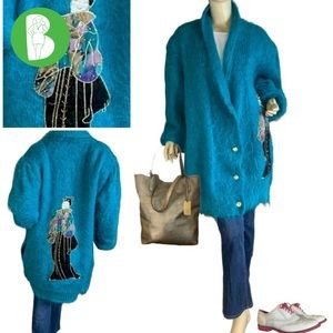 VINTAGE 1980'S A-TEX HAND CRAFTED TEAL MOHAIR CARDIGAN W/EMBROIDERED DETAILS 2X